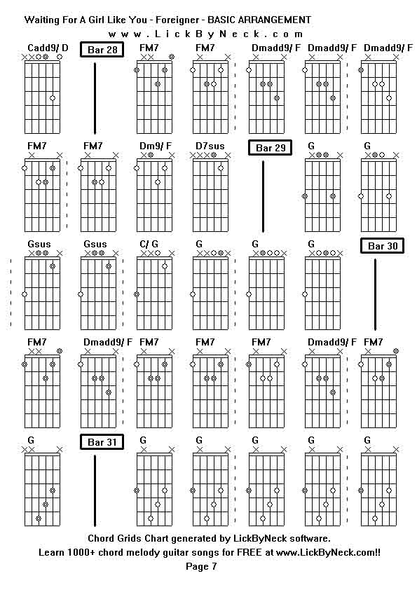 Chord Grids Chart of chord melody fingerstyle guitar song-Waiting For A Girl Like You - Foreigner - BASIC ARRANGEMENT,generated by LickByNeck software.